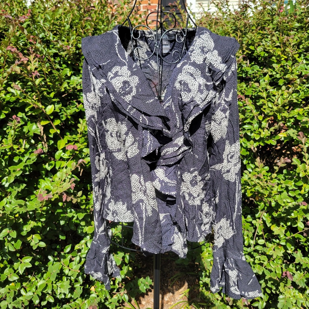 Folio 8 Silk Blouse Black Floral Ruffle V Neck Bell Sleeve Luke Modest Bolero